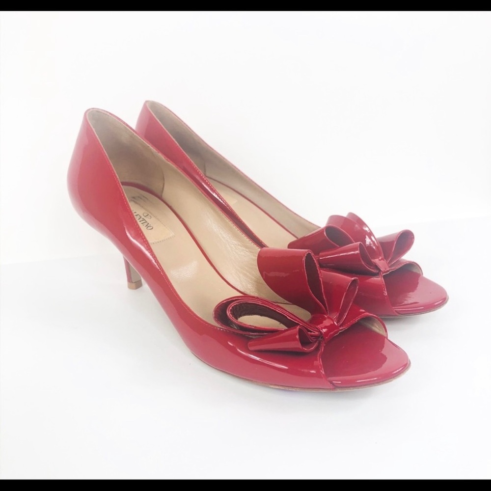 Valentino patent red kitten heel front bow